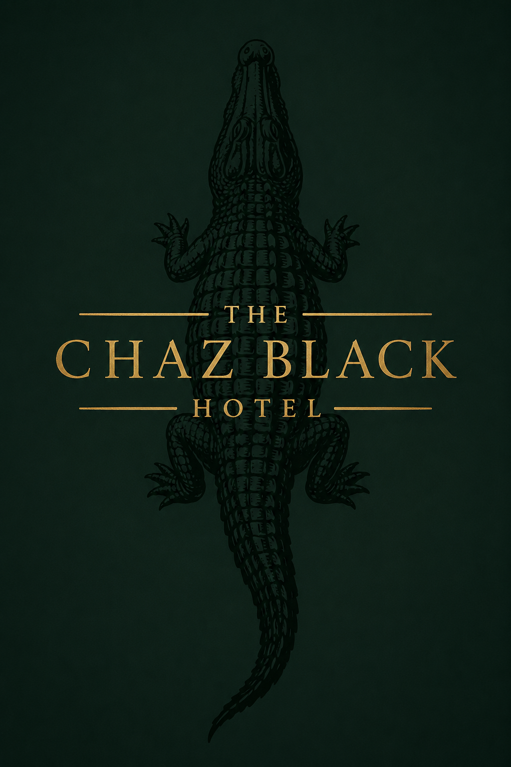 The Chazblack Hotel alligator artwork in deep green and gold