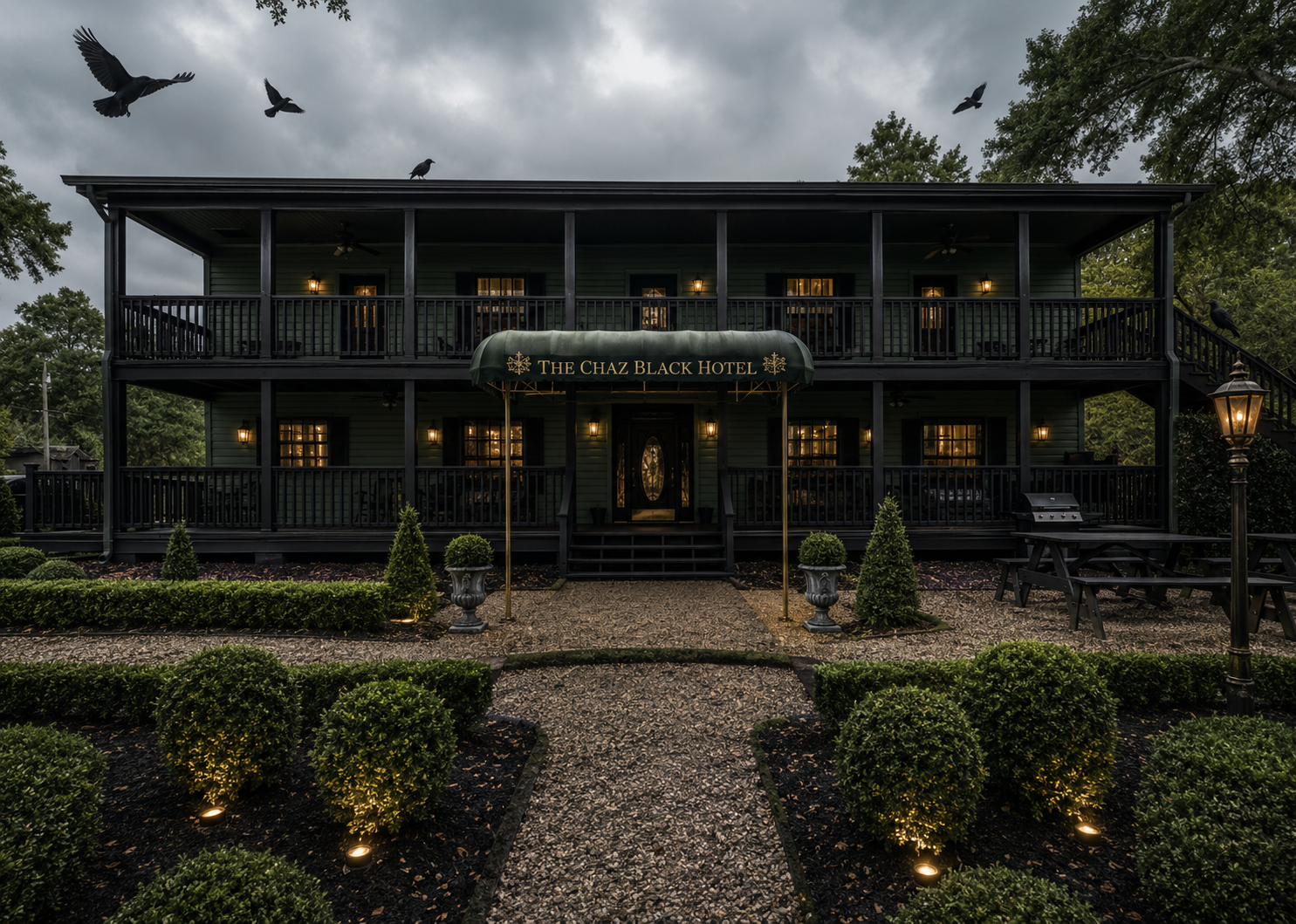 Front of The Chaz Black Hotel with two-story verandas, garden landscaping and warmly lit windows