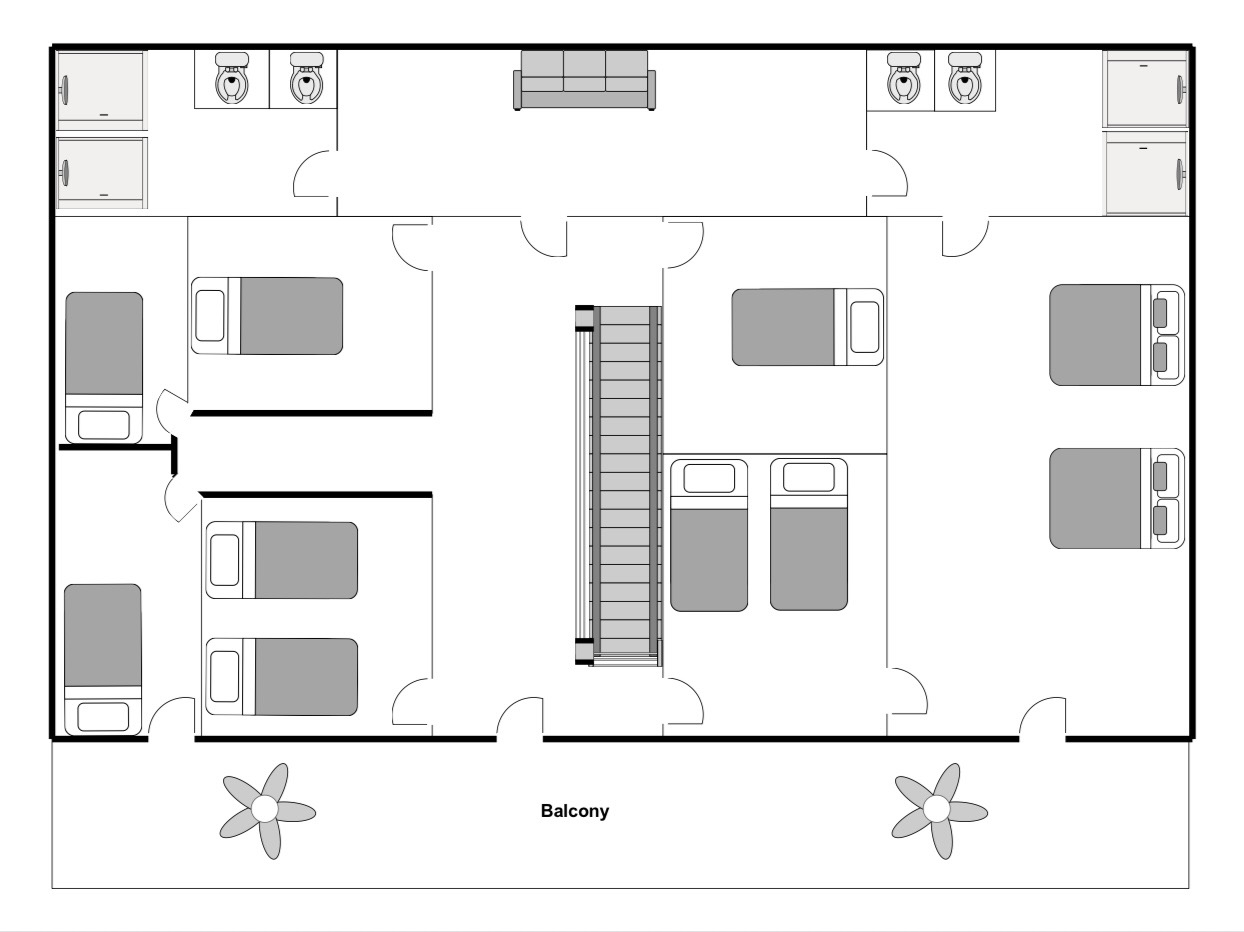 Second-floor plan showing bedrooms, bathrooms and balcony access